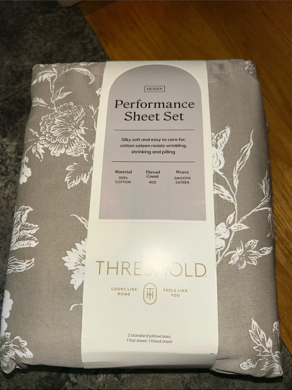 Threshold Taupe and White Floral Performance Sheet Set - Queen